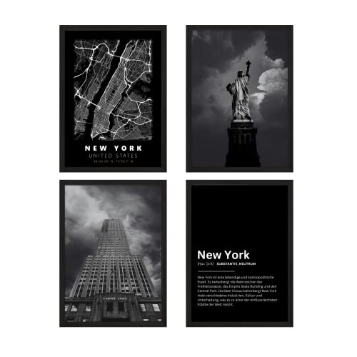Lost in Today® Premium Poster Set Schwarz Weiß New York Bild Freiheitsstatue New York Deko USA Bilder New York Poster Deko Bilder Schwarz Weiß 4 x A4 OHNE RAHMEN