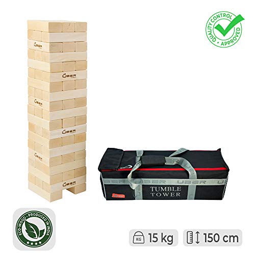 Wackelturm XL Spiel Aus ECO Holz - 15kg - Top Qualität Stapelturm (Pinienholz bis 150 cm) - Made in India - in Luxus Tragetasche - Yenga - Indoor und Outdoorspiel und Sport