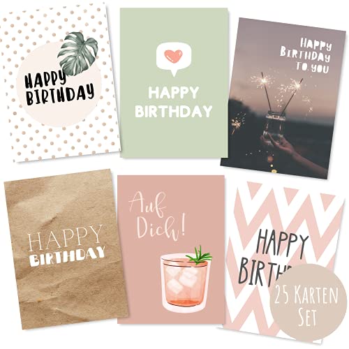 25er Set Geburtstagskarten hochwertig - Glückwunschkarte, Postkarte zum Geburtstag - Happy Birthday Karten als Postkarten Set - ideal als Grußkarte und Gutschein für Männer und Frauen