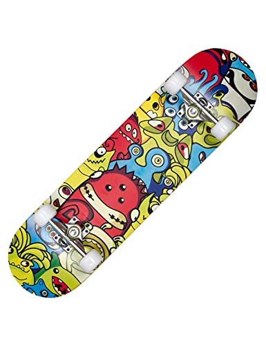 MUWO Street Skateboard 31 x 8 Zoll - hochwertiges Komplettboard für Einsteiger aus stabilem Holz und Aluminium, geeignet für Kinder, Teenager und Erwachsene mit verschiedenen Motive (Monster Party)
