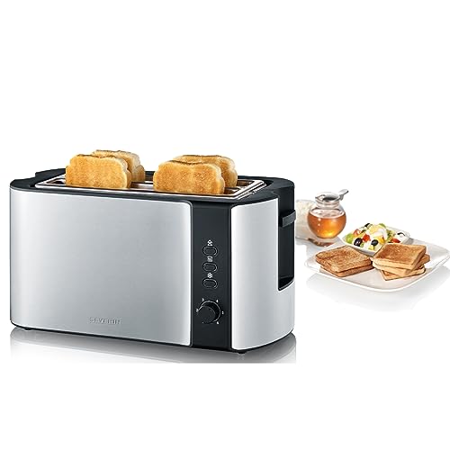 SEVERIN Automatik-Langschlitztoaster für 4 Toastscheiben, Toaster mit Brötchenaufsatz, hochwertiger Edelstahl Toaster mit großen Röstkammern und 1.400 W Leistung, Edelstahl-gebürstet/schwarz, AT 2590