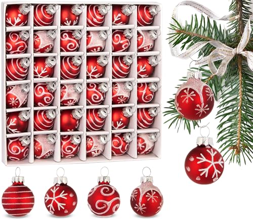 BRUBAKER 36-teiliges Set Weihnachtskugeln mit 3 cm Baumkugeln - Handbemalter Christbaumschmuck Mini Kugeln für Weihnachtsbaum und Weihnachtsdeko - Weihnachtsbaumkugeln aus Glas - Rot