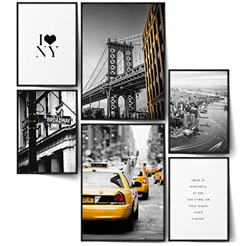 BLCKART Infinity New York City Poster Bilder Set Manhattan Stilvolle Poster Wohnzimmer Bilder Lama Taxi Freiheitsstatue Brooklyn Bridge (L | 2x A3 | 4x A4 | Ohne Rahmen, NEW YORK CITY LAMA)