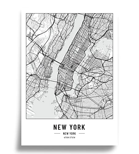 Poster Stadtplan A3 Schwarz Weiss, Papier 250 gr. Bild für Wohnzimmer und Schlafzimmer, Sehr viele Stadtmuster, minimalistisches Poster, perfekte Geschenkidee, Ohne Rahmen, Poster New York