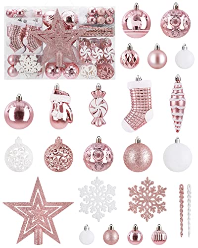 SOLEDI® 128er Set Premium Weihnachtskugeln Kunststoff Rosa Weiß mit Baumspitze Stern - Robuste und Sichere Christbaumschmuck Set mit Aufhängen - Christbaumkugeln Bunt, Mehrweg Weihnachtsdeko