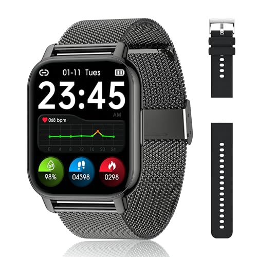 Popglory Smartwatch für Damen Herren, 1.85 Zoll Touch-Farbdisplay mit Bluetooth Anrufe,Fitnessuhr mit SpO2 Blutdruckmessung Herzfrequenz Schrittzähler Schlafmonitor, Musikwiedergabe