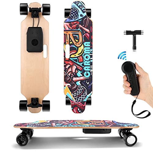 Caroma 90cm Skateboard Elektrisches, Elektrisches Longboard mit Fernbedienung, 700W Doppelmotoren, 25km/H Höchstgeschwindigkeit, 16-20km Reichweite, E Skateboard für Erwachsene