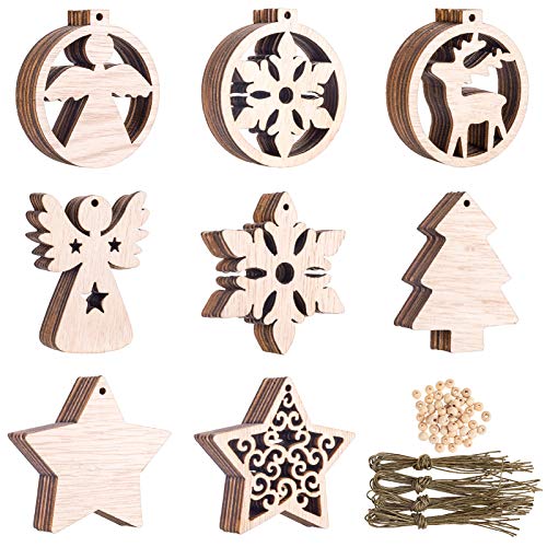 Kiiwah 48 Stück Christbaumschmuck Holz, Weihnachten Holzanhänger Weihnachtsanhänger mit Saiten und Perlen für Weihnachtsbaumschmuck
