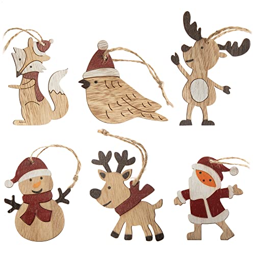 com-four® 6X Tannenbaumschmuck Holz-Anhänger Set - Weihnachtsbaumschmuck zum Dekorieren - Christbaumschmuck in 6 weihnachtlichen Designs