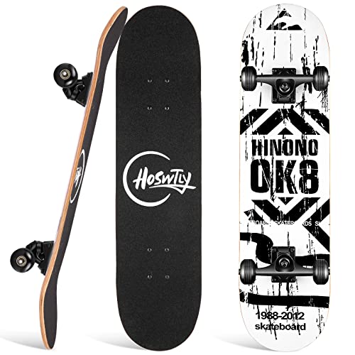 HOSWTLY Skateboard, 31 x 8 Inch Complete Cruiser Skateboard, 5-Layer Canadian Maple Double Kick Deck Skateboard for Children from 5-8 Years Teenagers and Adults, ‎82.5 x 21 x 12.8 cm
