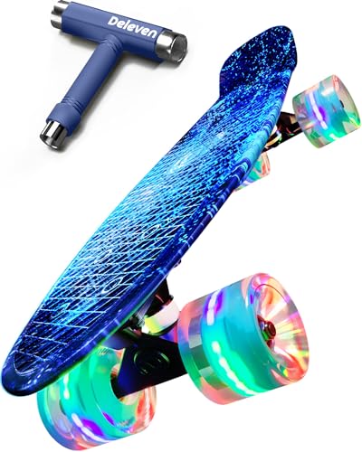 Deleven Skateboard mit LED Rollen, Skate Tool und ABEC 7 Lager - Kinder Erwachsene Anfänger - 56 cm