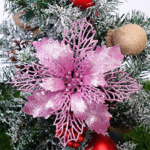 GLITZFAS 12 Stück Glitter Weihnachtsbaum Dekoration, Weihnachtsbaumschmuck Ornament Weihnachten Blumen Dekor, Christbaumanhänger (Rosa,9 cm)