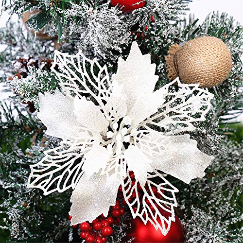 GLITZFAS 12 Stück Glitter Weihnachtsbaum Dekoration, Weihnachtsbaumschmuck Ornament Weihnachten Blumen Dekor, Christbaumanhänger (Weiß,9 cm)
