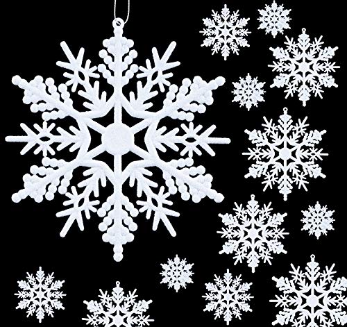 Anstore 56 Stück Schneeflocken Weihnachten Deko Glitzer Kunststoff Funkeln Ornamente für Dekoration Christbaumschmuck, Verschiedene Größen (Weiß)